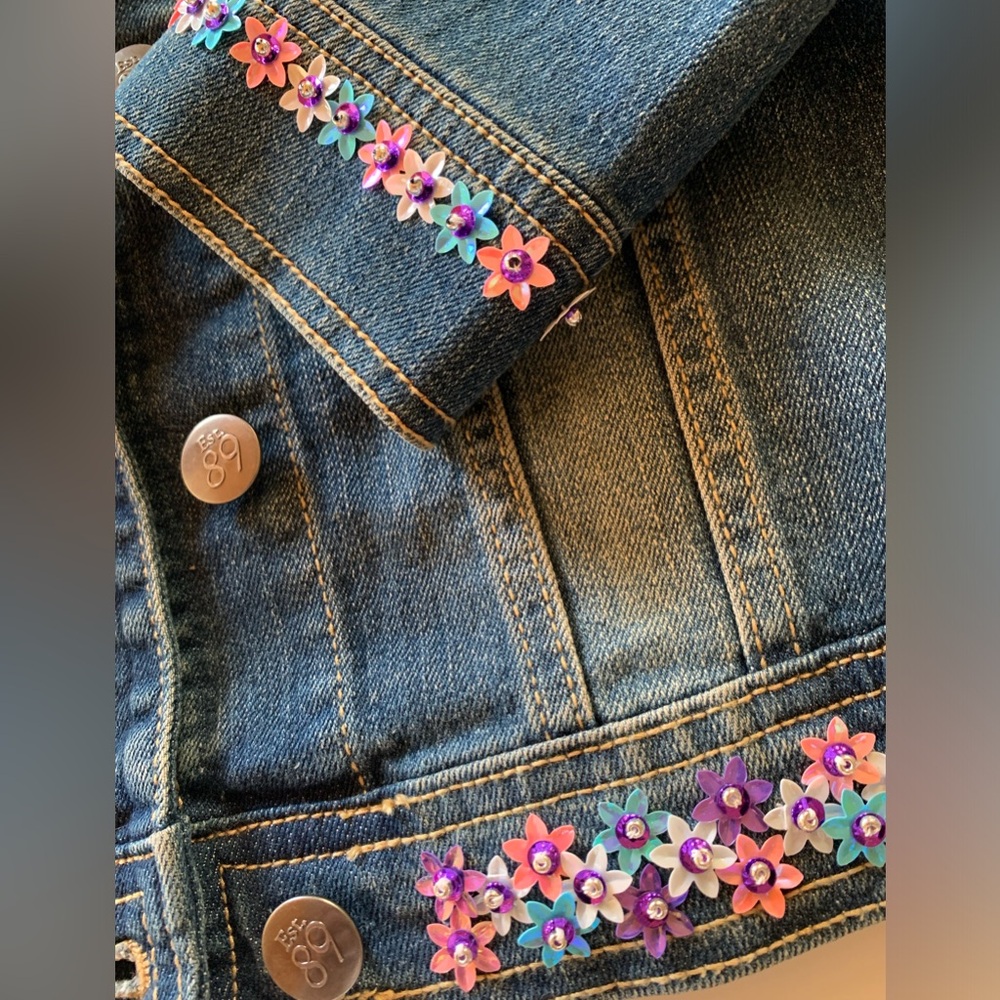 Girls Denim Jean Jacket. Hand Embellished flower Sequins & Beads.Great Condition